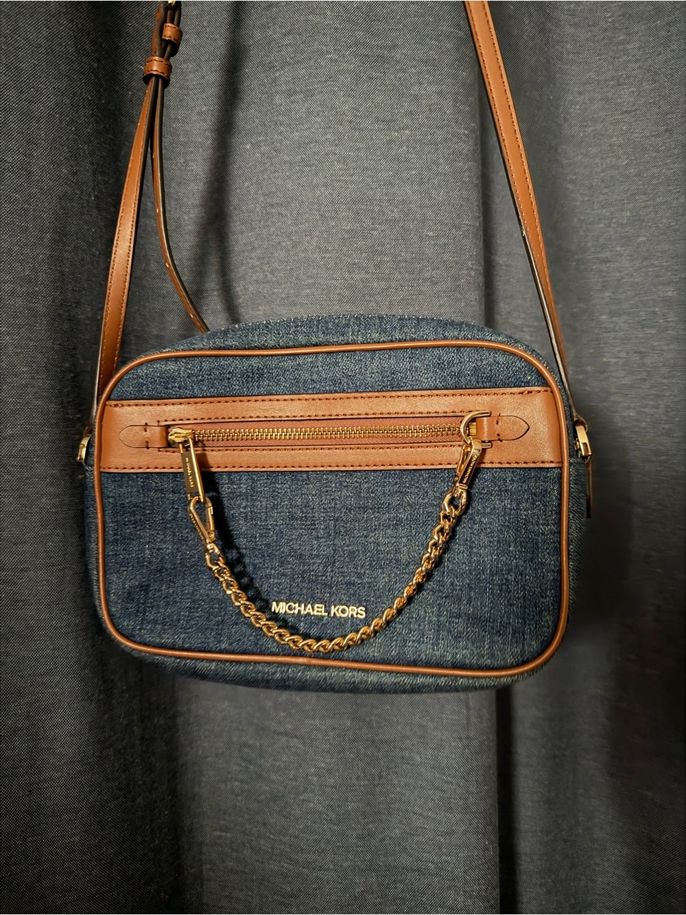 Michael Kors Navy Denim and Brown Leather Crossbody with Gold Chain Detail